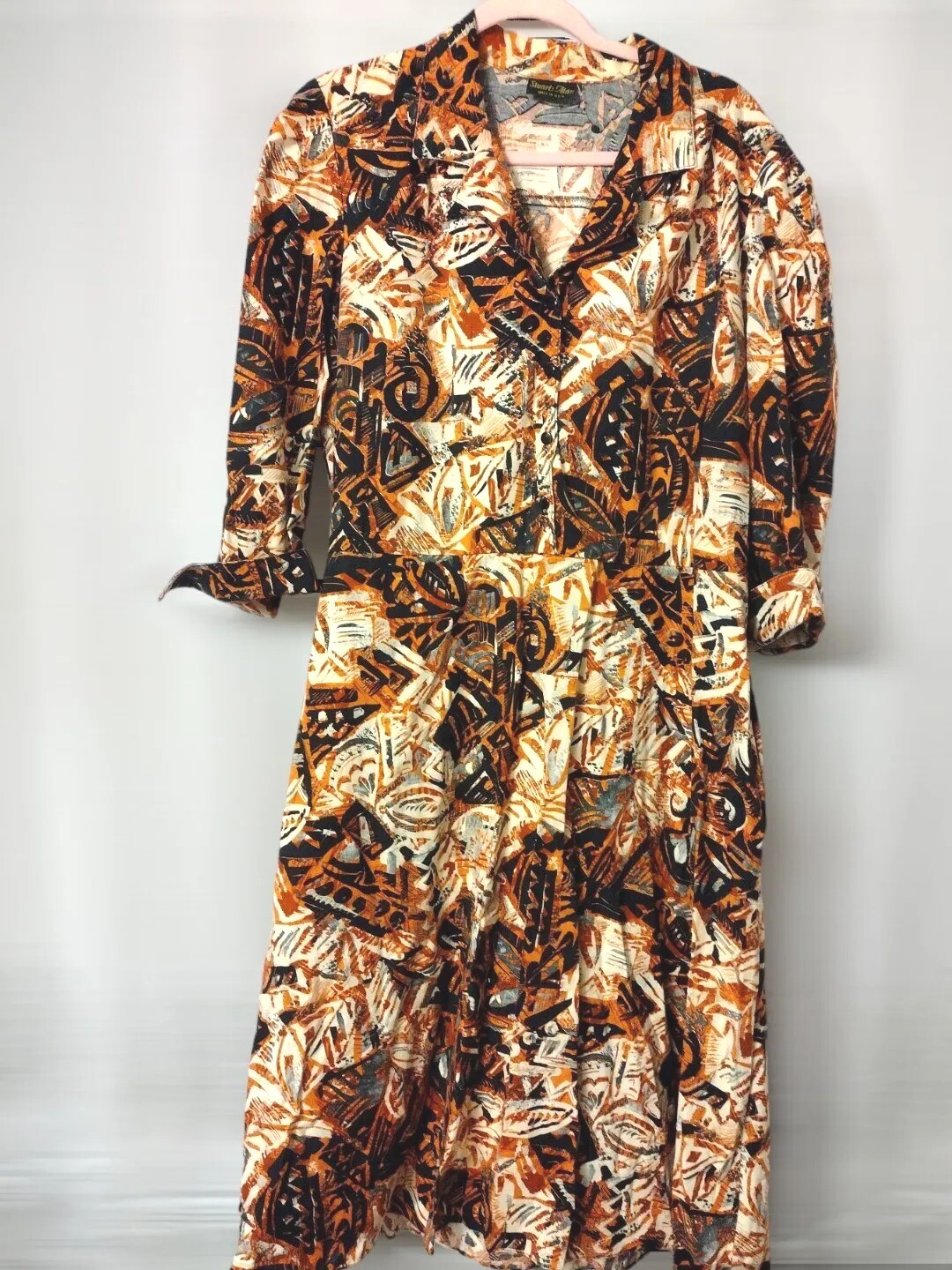Stuart Alan Size 18 Vintage A-line Brown Print Dress Button Front Collar Womens