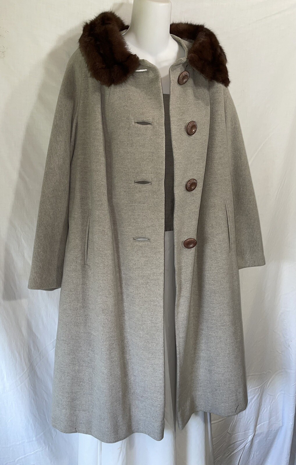 Vintage Coat Medium Large Long Gray Faux Fur Trim Overcoat Evening Jacket 50s