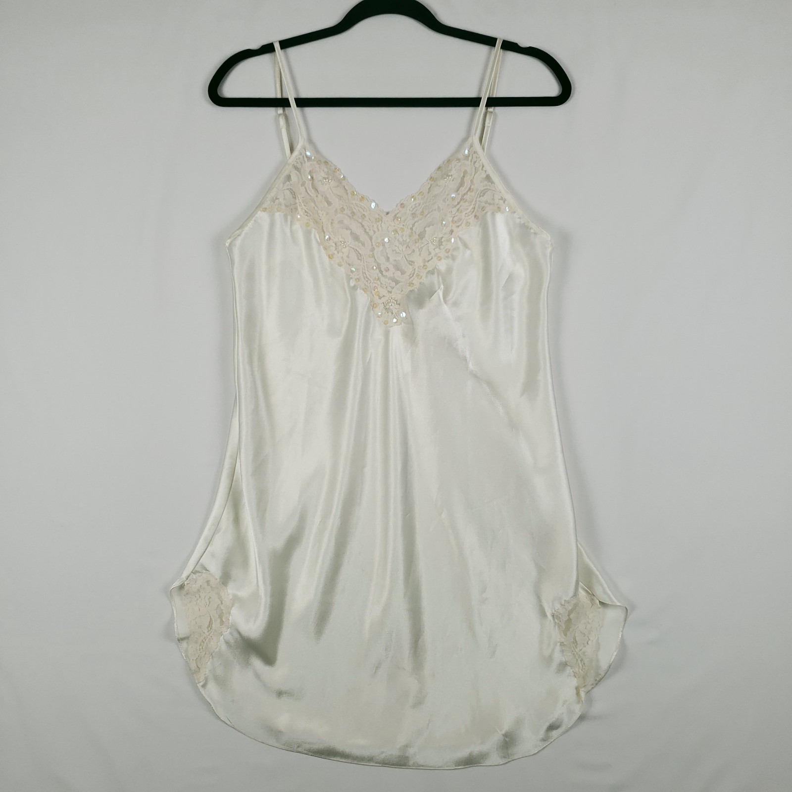 Vintage Delicates Satin Slip Womens Medium Beaded Sequin Lace Glossy Ivory 90s