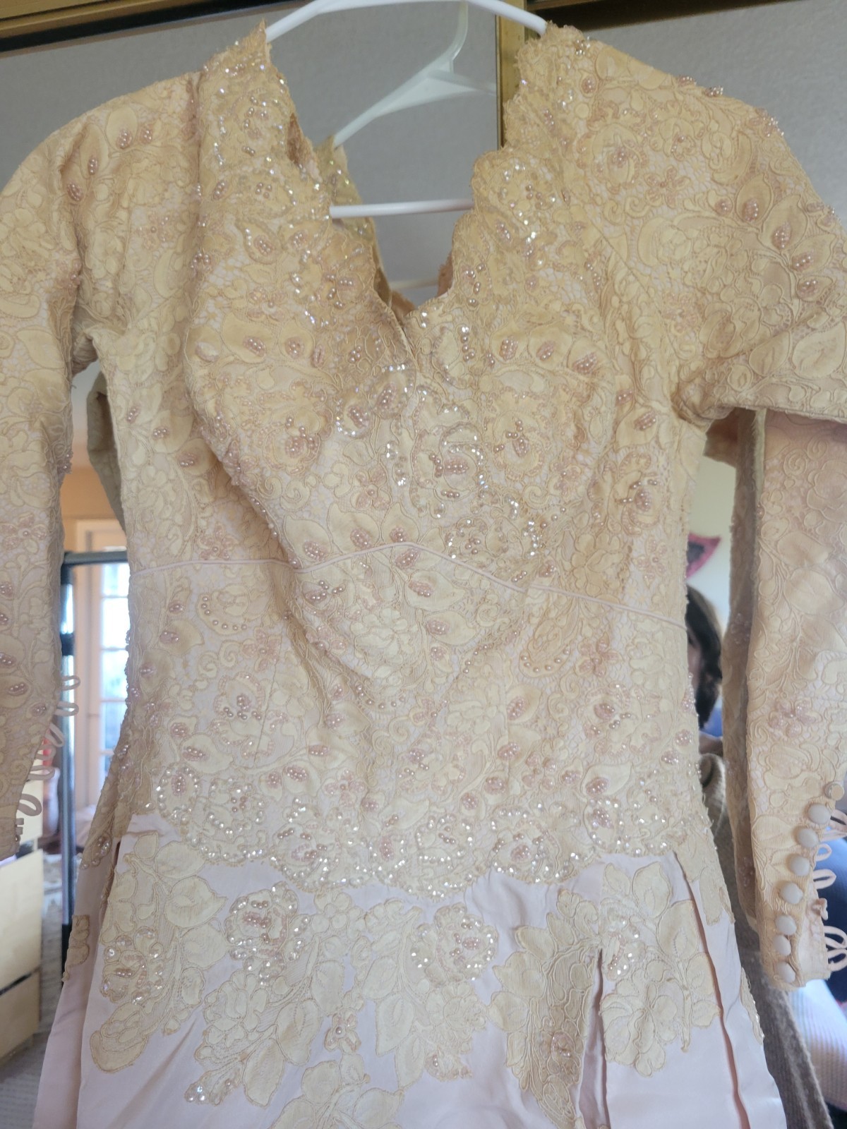 BEAUTIFUL HANDMADE 1920S 1930S NUDE BLUSH BEADED LACE WEDDING DRESS MUST SEE !