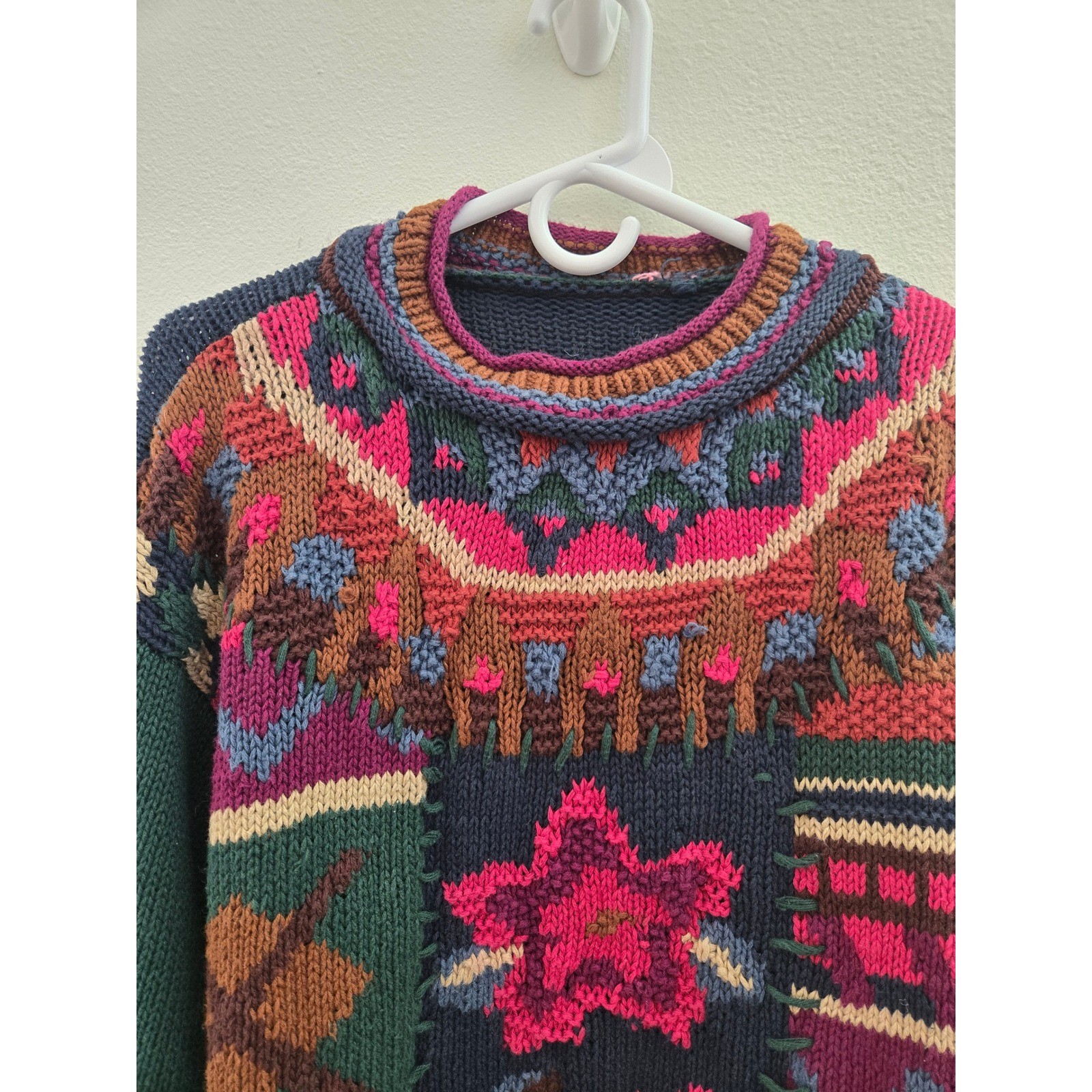 Vintage Knitted by Hand Patchwork Floral Sweater Ramie Cotton Large Boho 90s