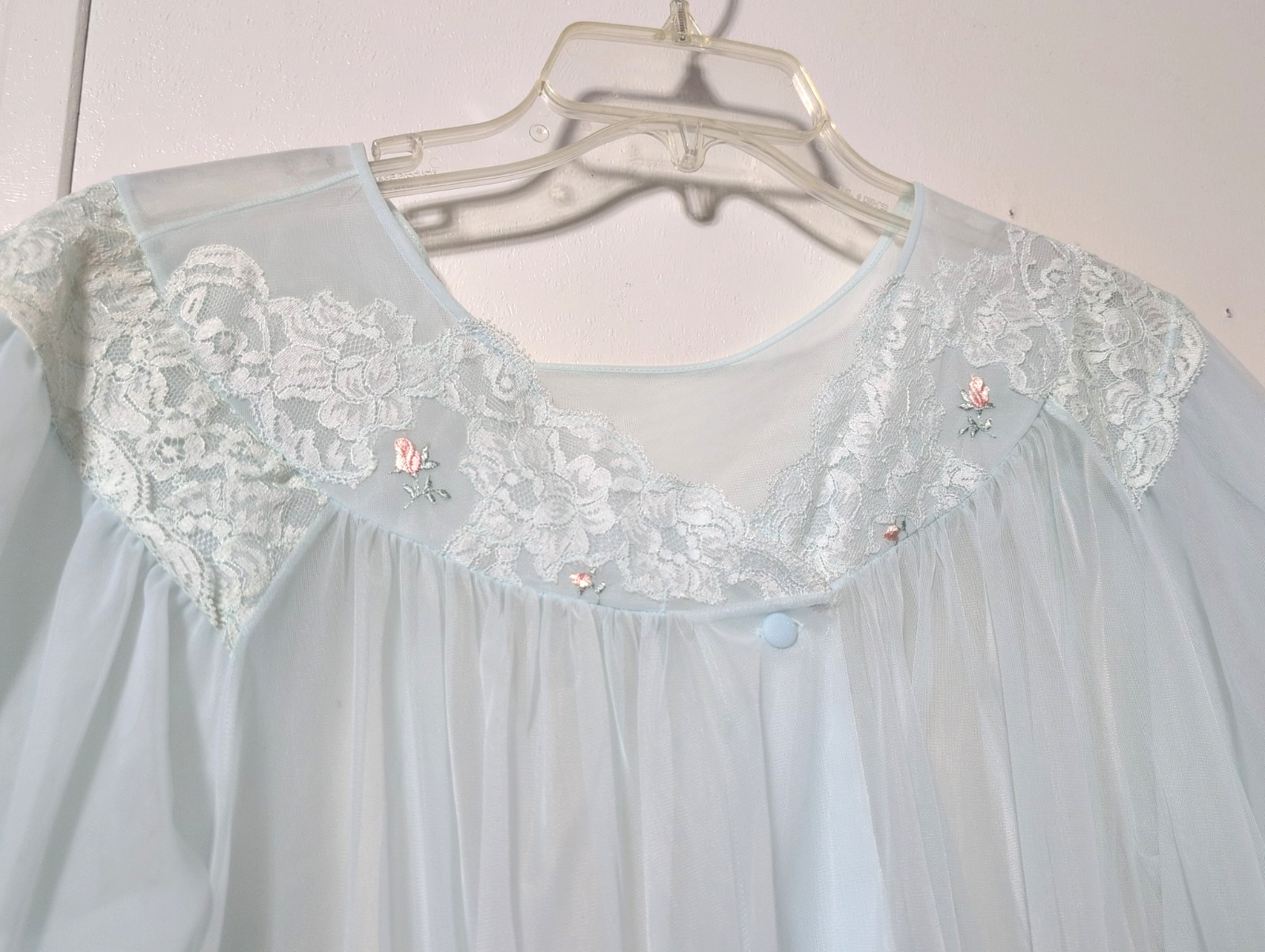 Vtg Shadowline Light Blue Nylon Lace Chiffon Robe Sheer Sz Large