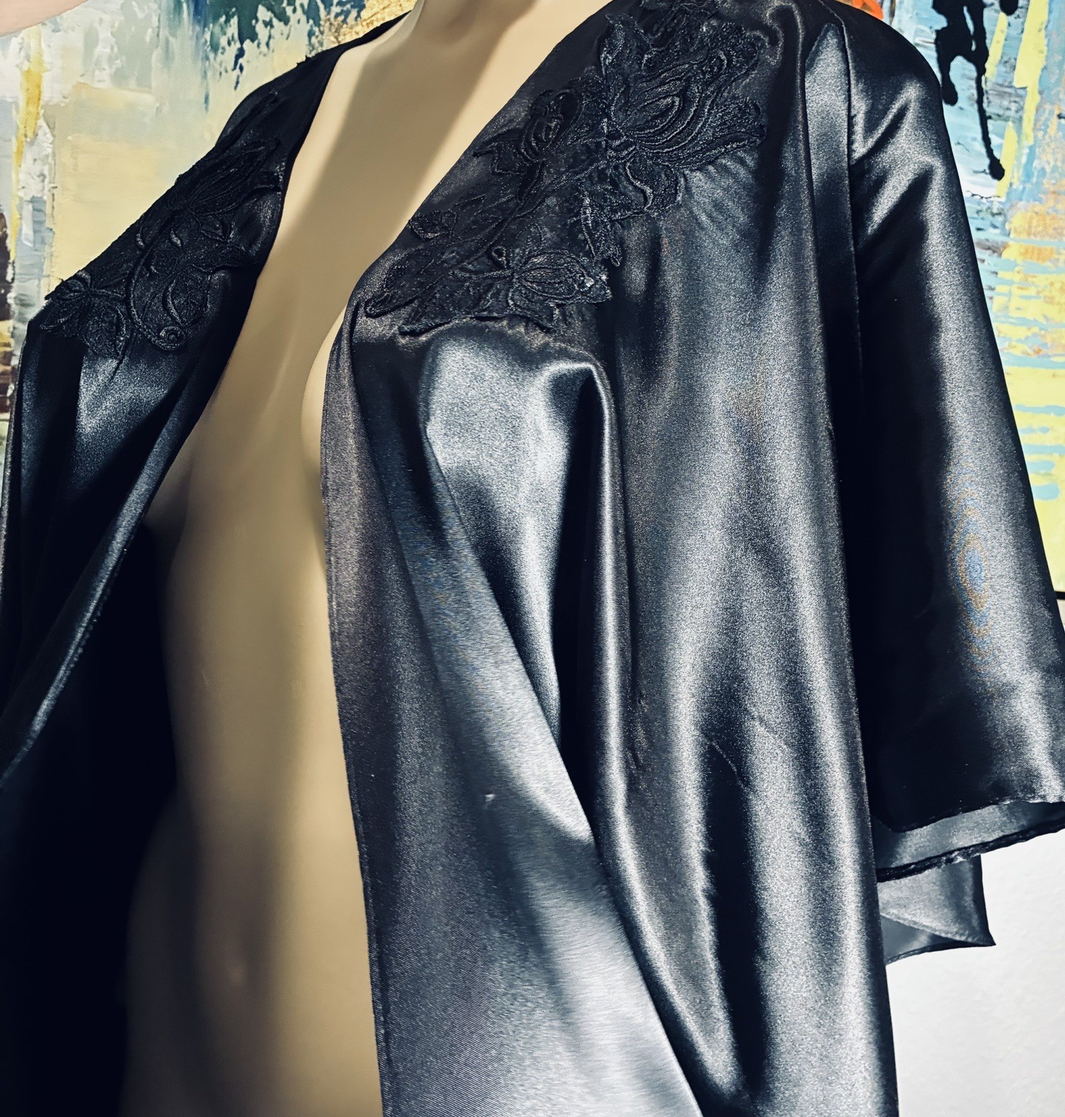 Vintage Black Satin Batwing Cape Jacket Robe M