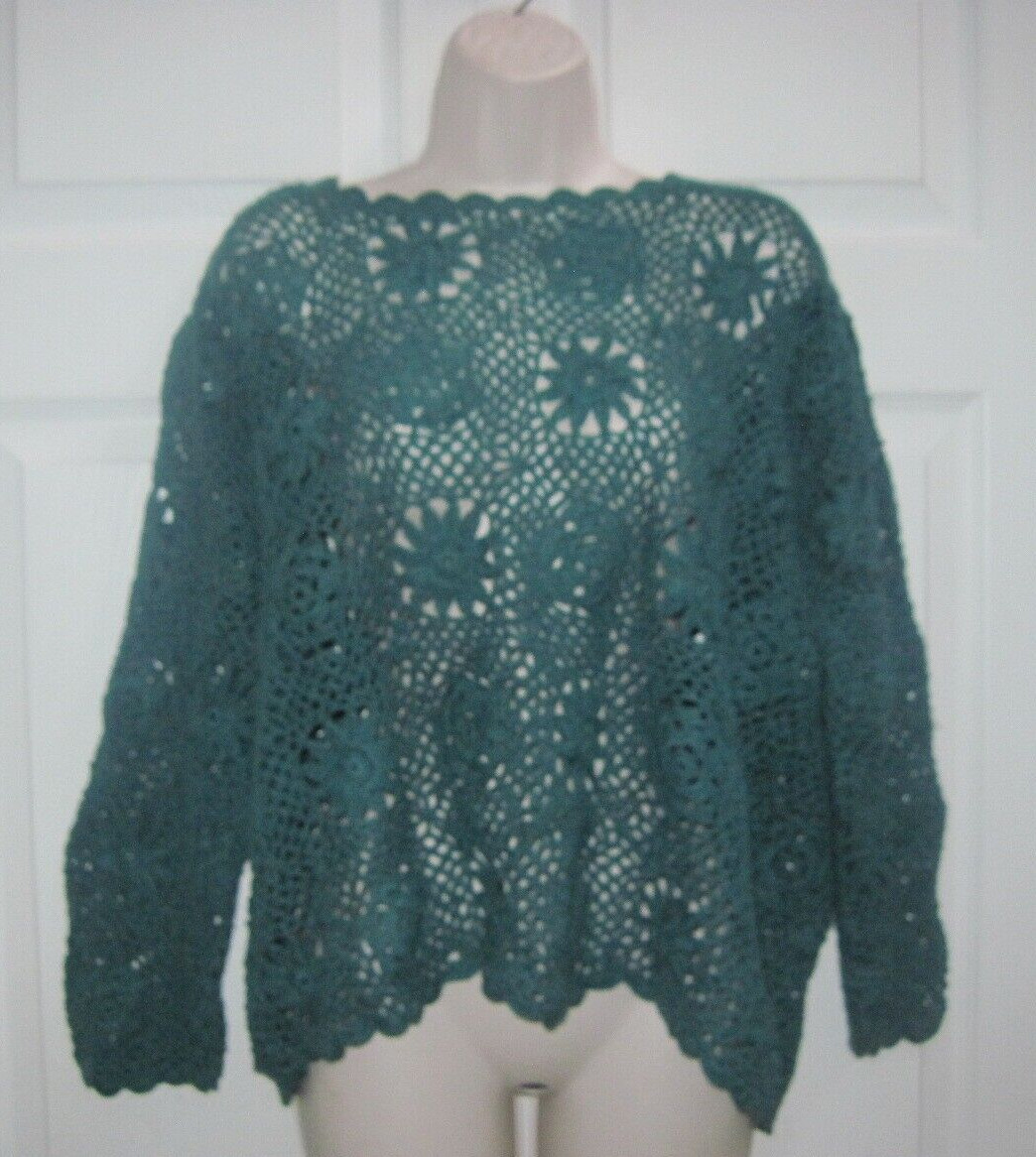 effeci Women&rsquo;s Green Crochet Knit Top Sweater Long Sleeves Medium New