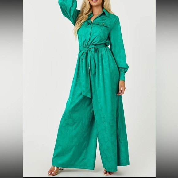 Flying Tomato Jade Leaf Jacquard Long Sleeve Satin Wide Leg Jumpsuit S, M, L