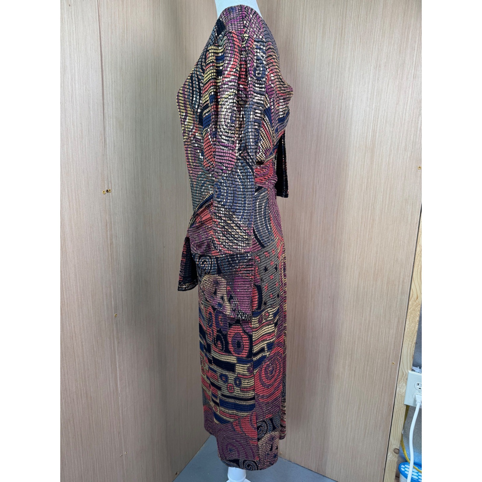 Vintage Janine of London La Vie Mosaic Metallic Knit Midi Dress Gold Red Sz M