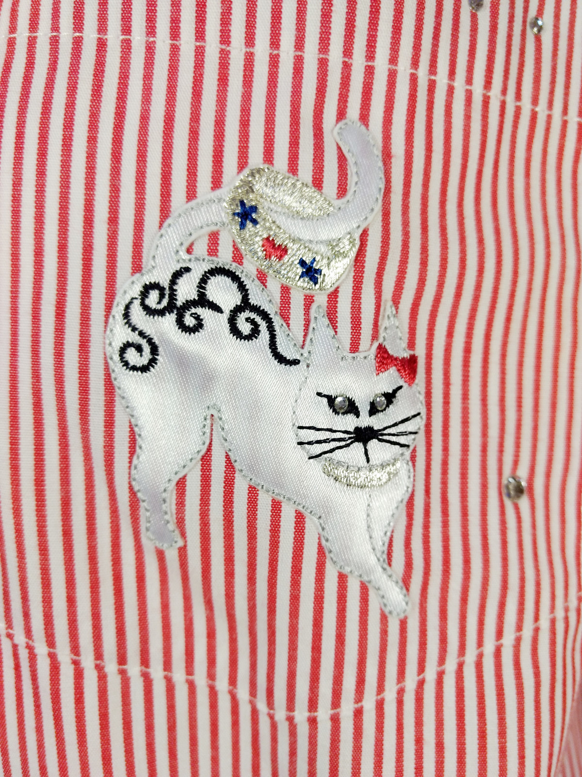 CAT Applique Shirt 2pc Womens Medium Set Red White Stripe Tank Crystals Kitschy