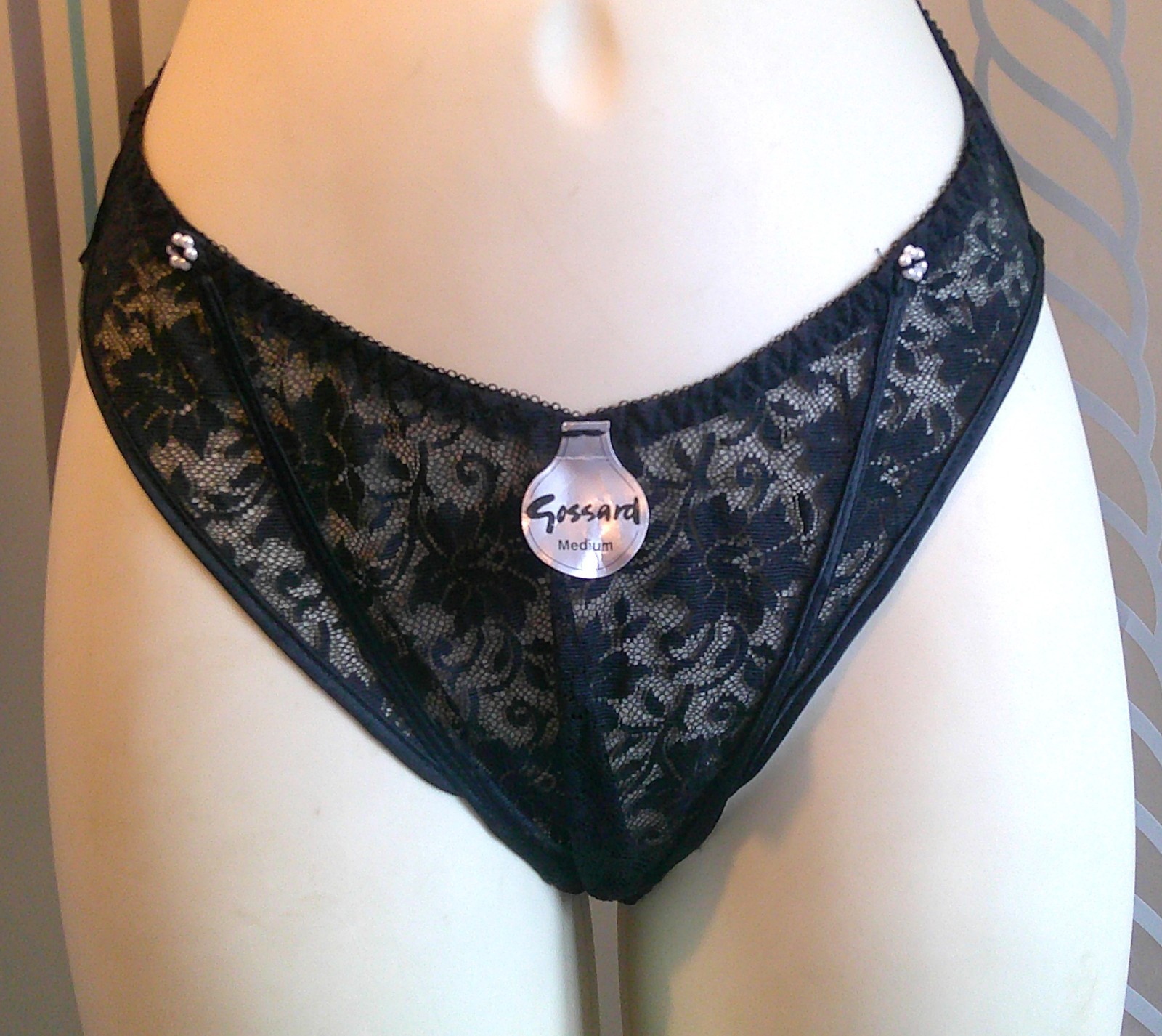 NWT Vtg « Gossard » High-Cut Lace Panel/Pearl Beads PANTY Style 1933 n Black Sz M