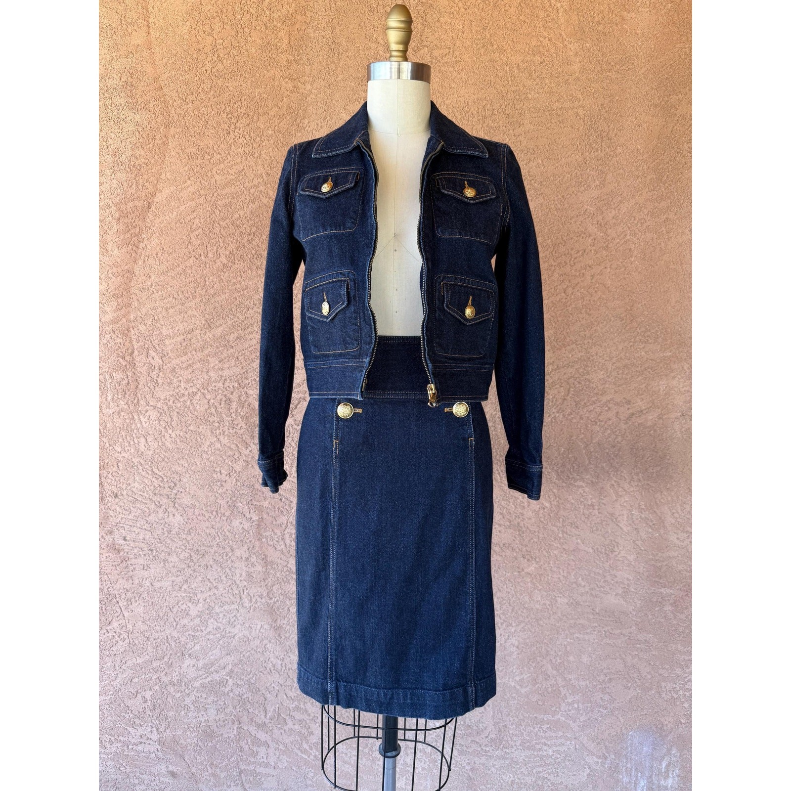 Vintage 2000s Ralph Lauren Denim Jacket & Skirt Set Gold Button Suit Petite