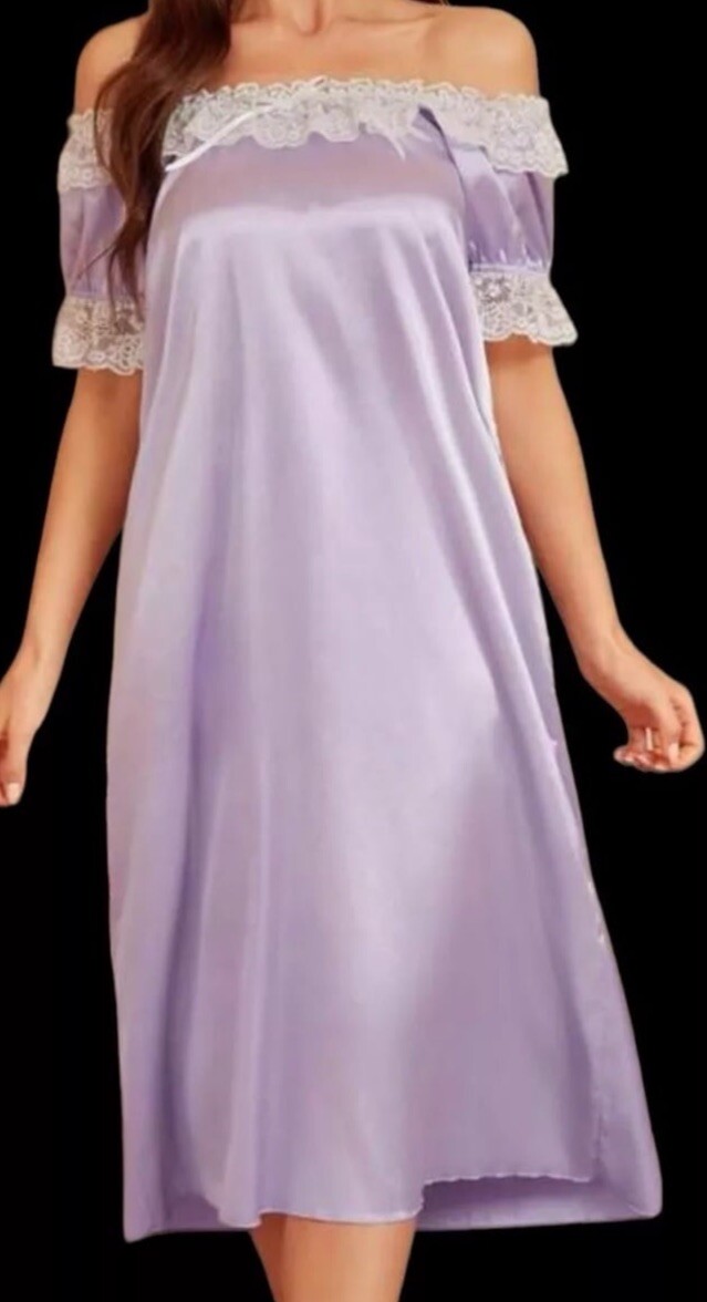 Glossy SATIN NIGHTGOWN Lace Trimmed Off Shoulder Lilac GOWN Nightdress XL Silky