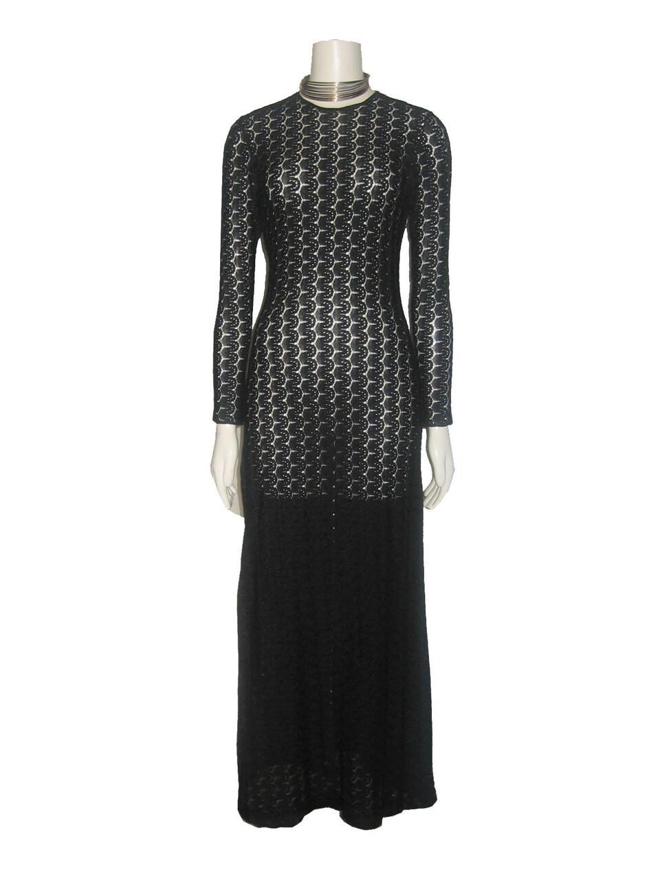 Vintage Black Open Crochet Stretch Knit Lace Sheer Long Fitted Bodycon Dress