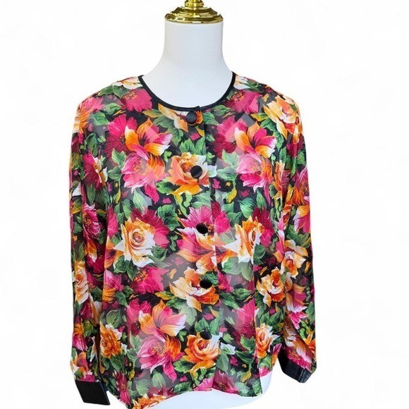 Vintage 90s Victoria&rsquo;s Secret Gold Label Sheer Floral Pajama Top Blouse Satin