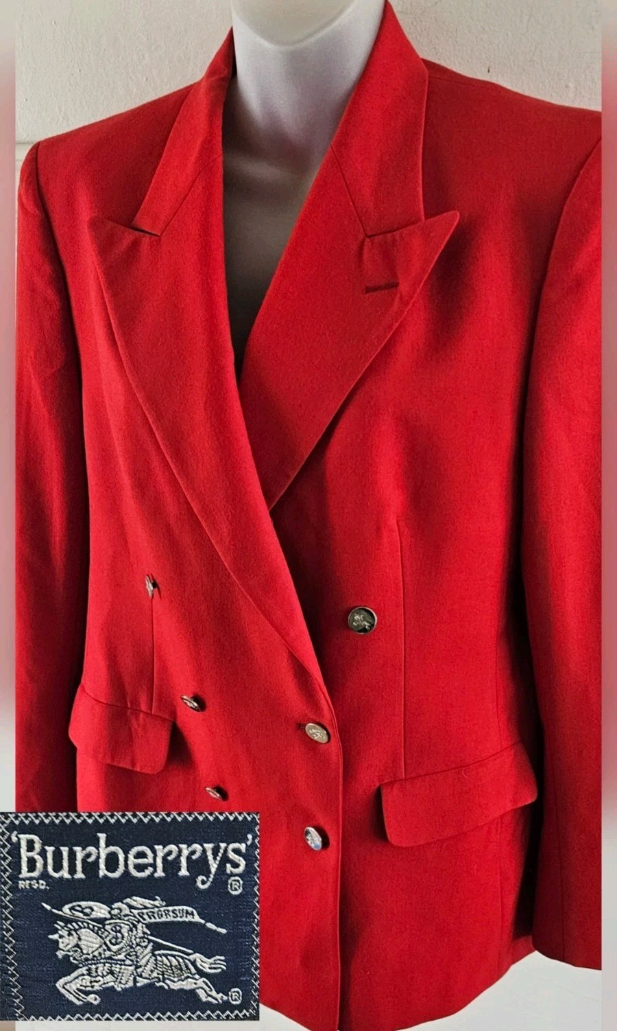 Vintage Burberrys&rsquo; Patrick James Cherry Red Double Breasted Wool Blazer Sz Lrg
