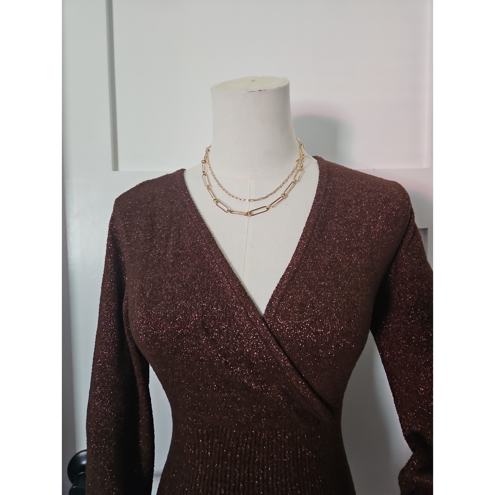 Caché Metallic Knit Top M Medium Bronze Brown Glitter Shimmer Wrap Sweater VTG