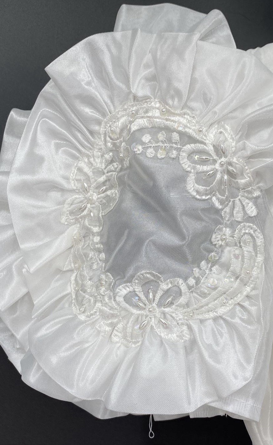 Vintage White Satiny Lace Victorian Style Regular Size Wedding Dress with Veil