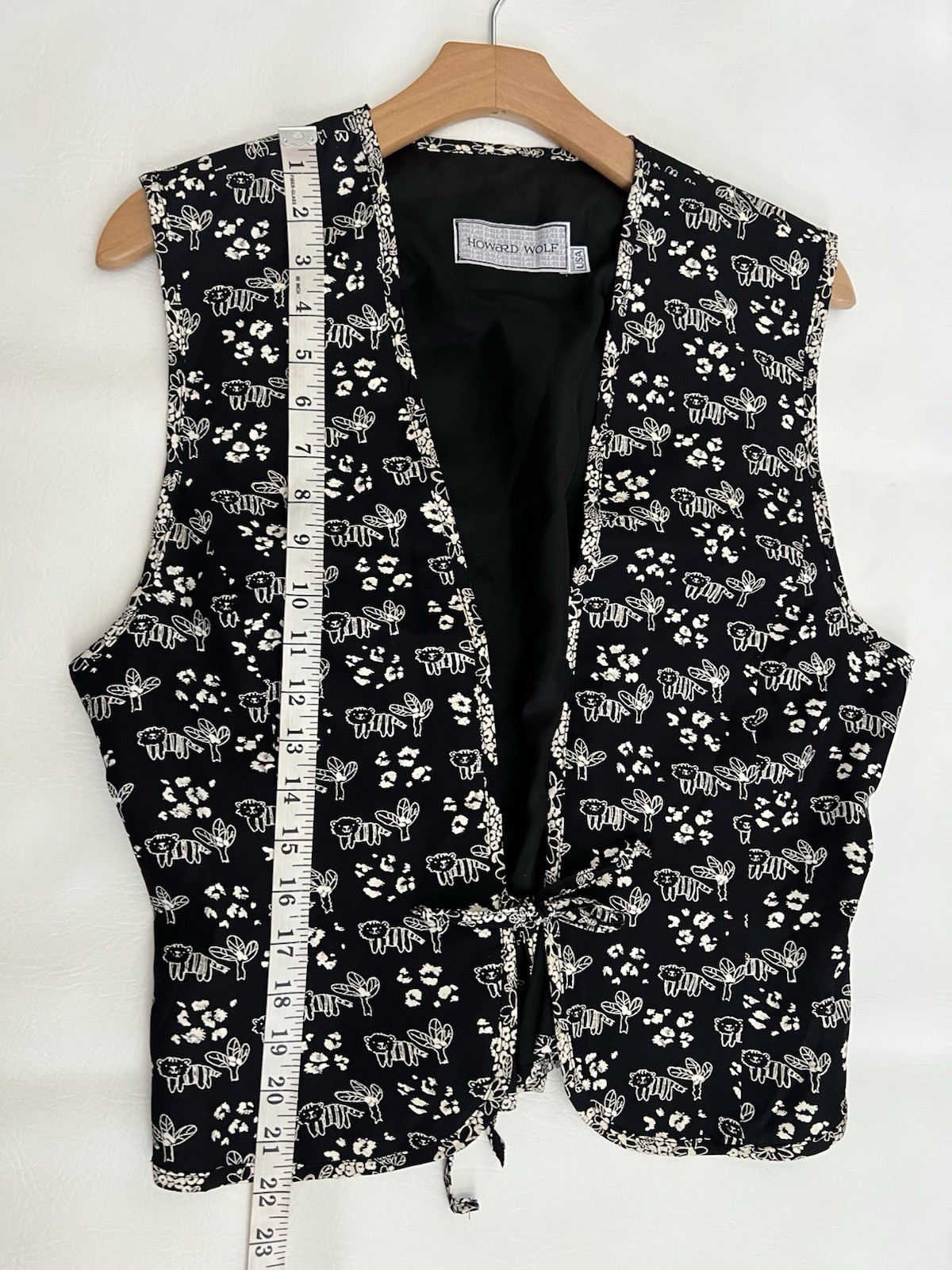 VTG Howard Wolf Tiger Cat Novelty Print Vest Black White Tie Front Small 8 Art