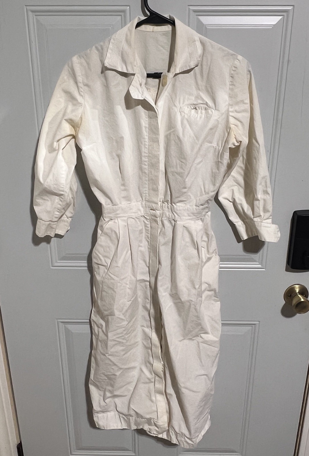 Nurse Uniform White Button Snap Front Dress Thin Vtg 1960s Medium Small *SPOTS*