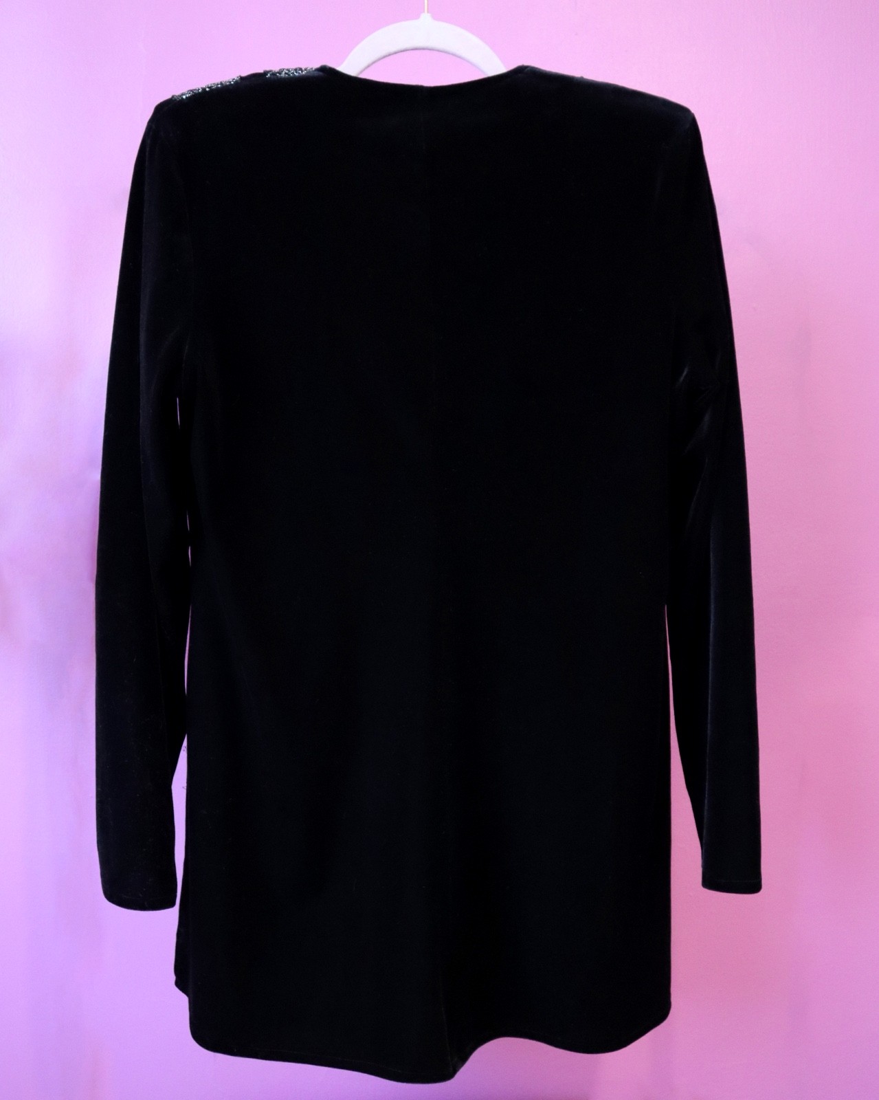 Vintage Black Velvet Mini Dress Silver Beaded V Neck Long Sleeve Italy 44