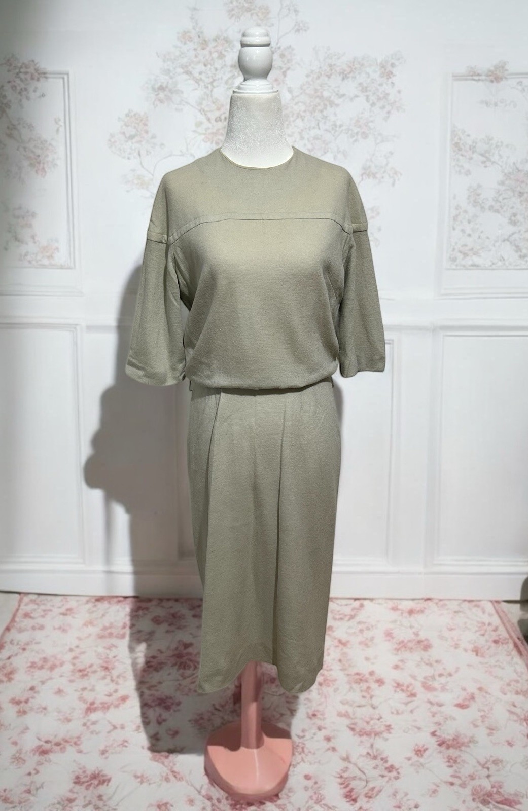 Vtg 60s Alison Ayres Wool Jersey Dress Oatmeal MCM Blouson Sweater Dress Size M