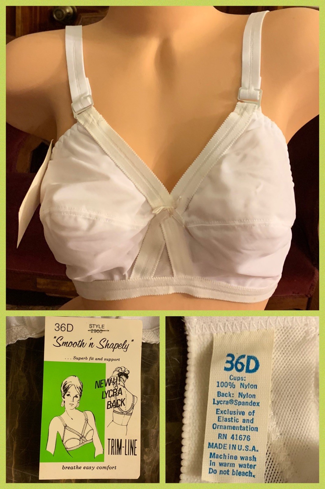 Vintage Bra Support Nylon Lycra Smooth Spandex White Adjustable 1970s NEW 36D