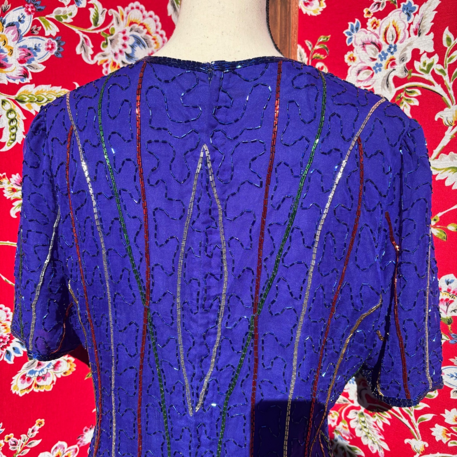 VTG 90&rsquo;s 100% Silk Blue Beaded Multicolor Boho Chic Glam Blouse Women&rsquo;s Size L