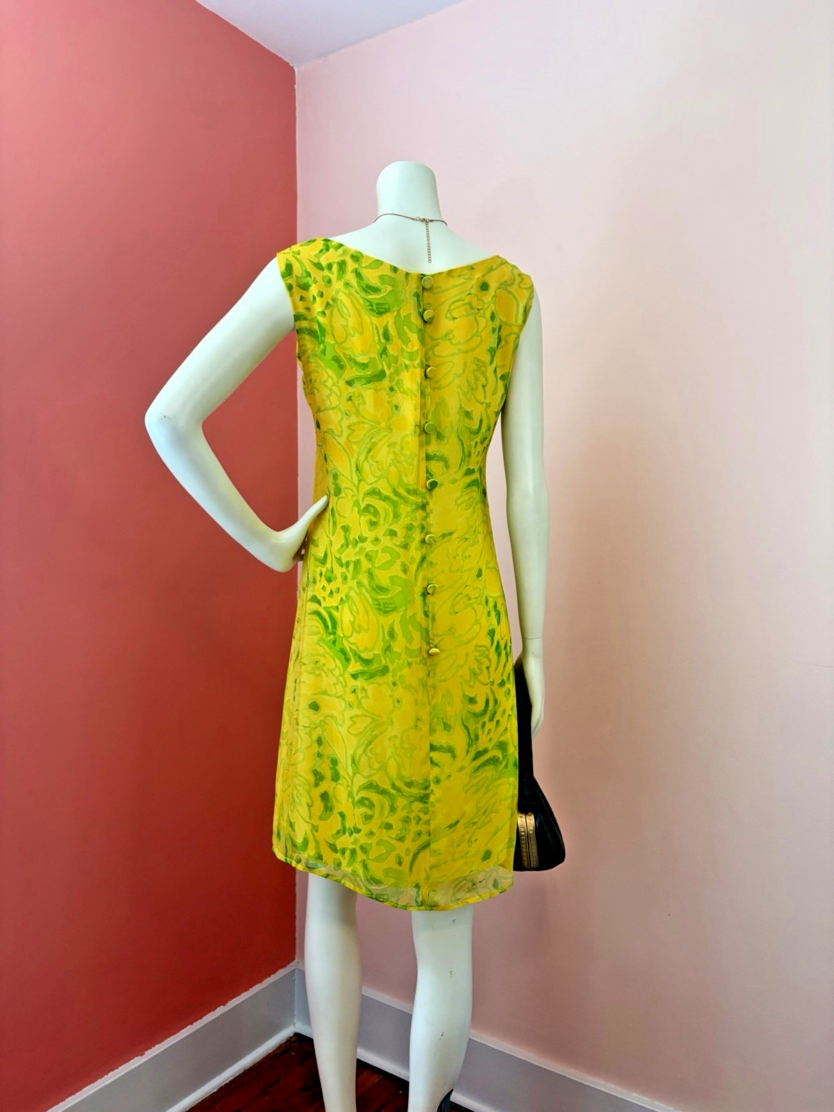 VTG 60s Mod Shift Dress abstract Yellow Green Floral Print chiffon A-Line S/M