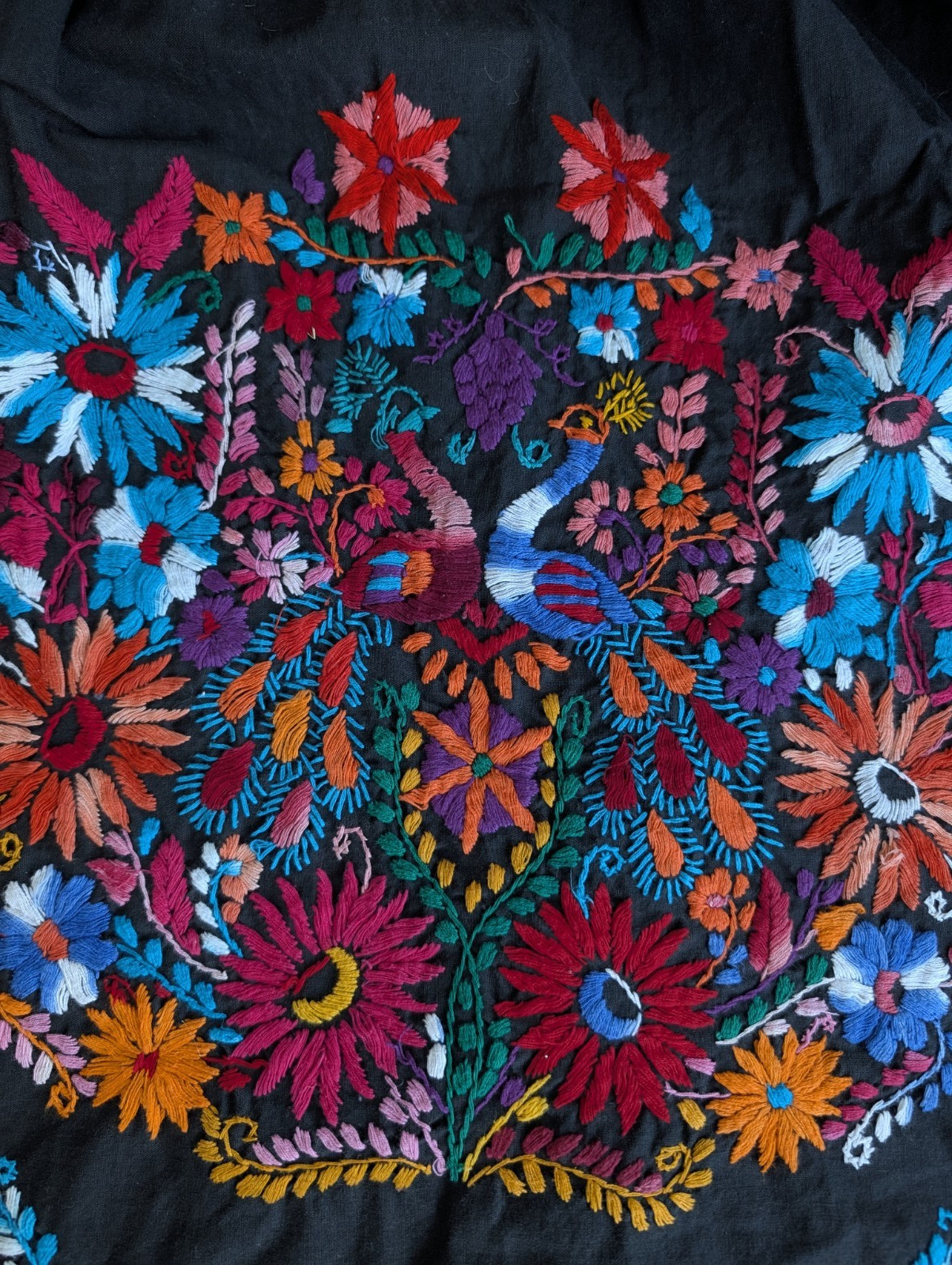 Vintage 70s Intricate Hand Embroidered Mexico Tourist Dress Peacock Sz M/L Black