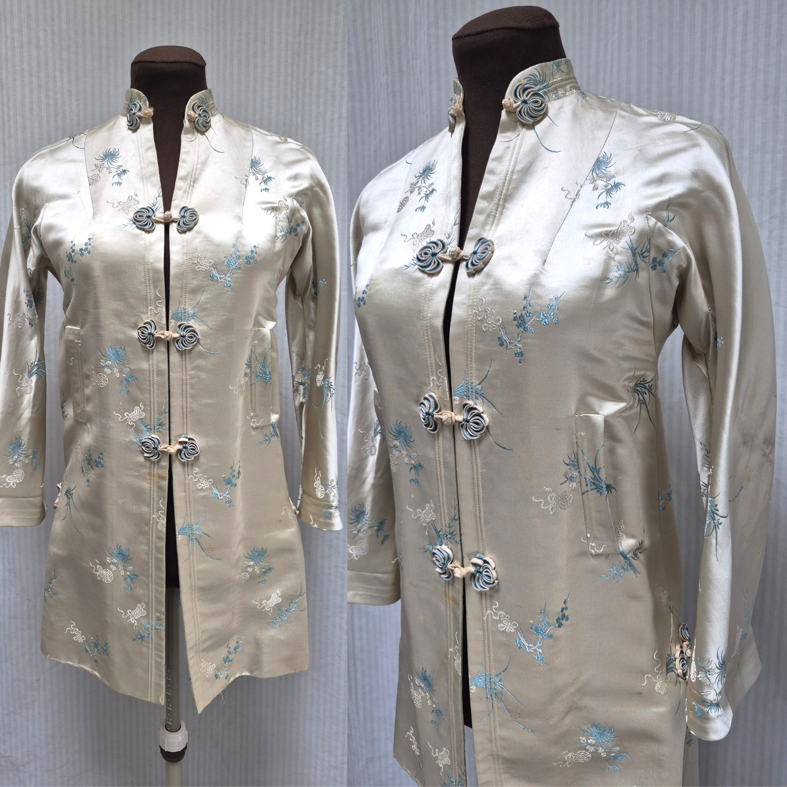 Vintage 40s YING TAI Kimono Silk Satin Brocade Floral Jacquard Hong Kong-Size XS