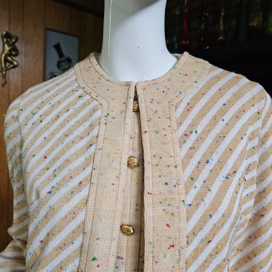 Vtg 70s Mod Rainbow Confetti Knit Oatmeal Stripe Blazer + Mini Shift Dress M/L