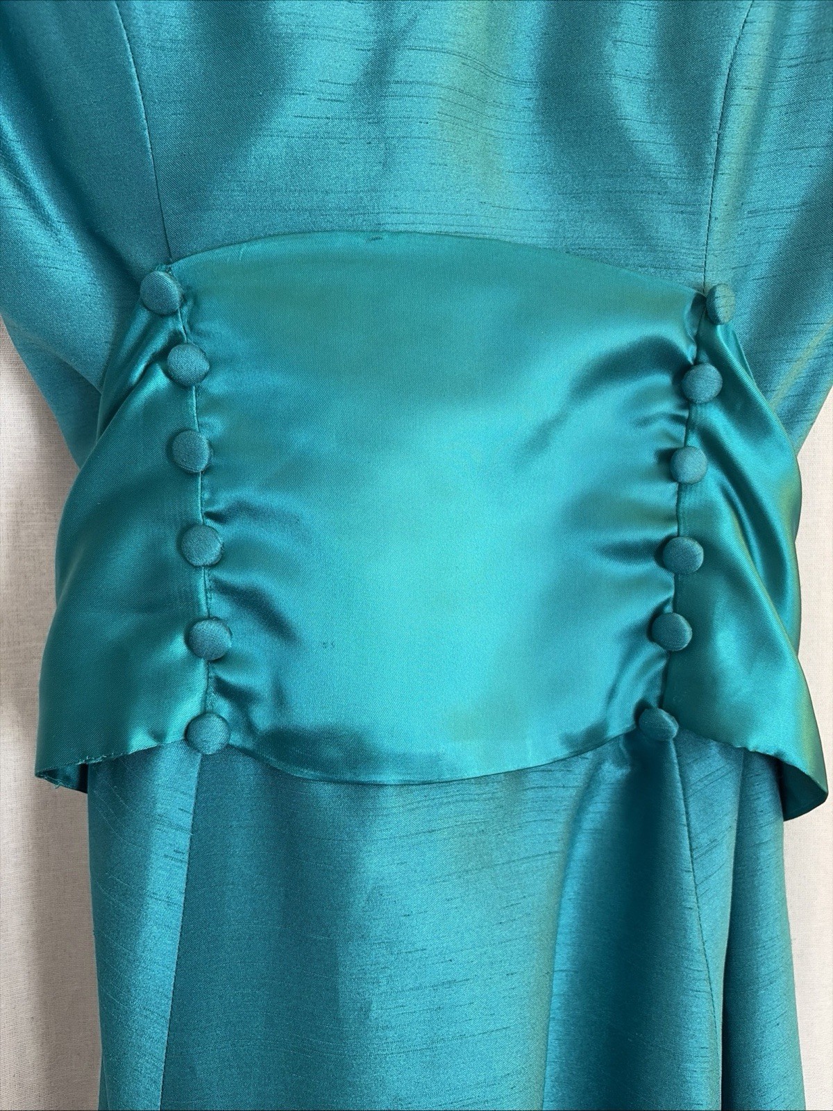 Vintage Handmade Aquamarine Formal Classic A Line Dress Buttons Satin Bow