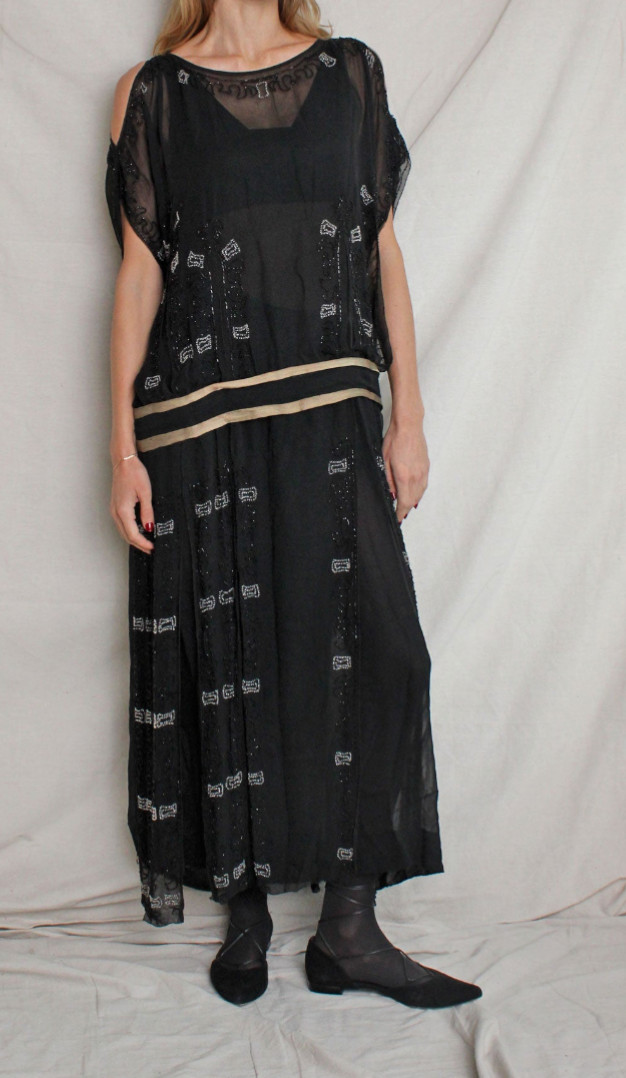 1920s vtg sheer silk chiffon beaded lamé ribbon dropwaist antique dress black