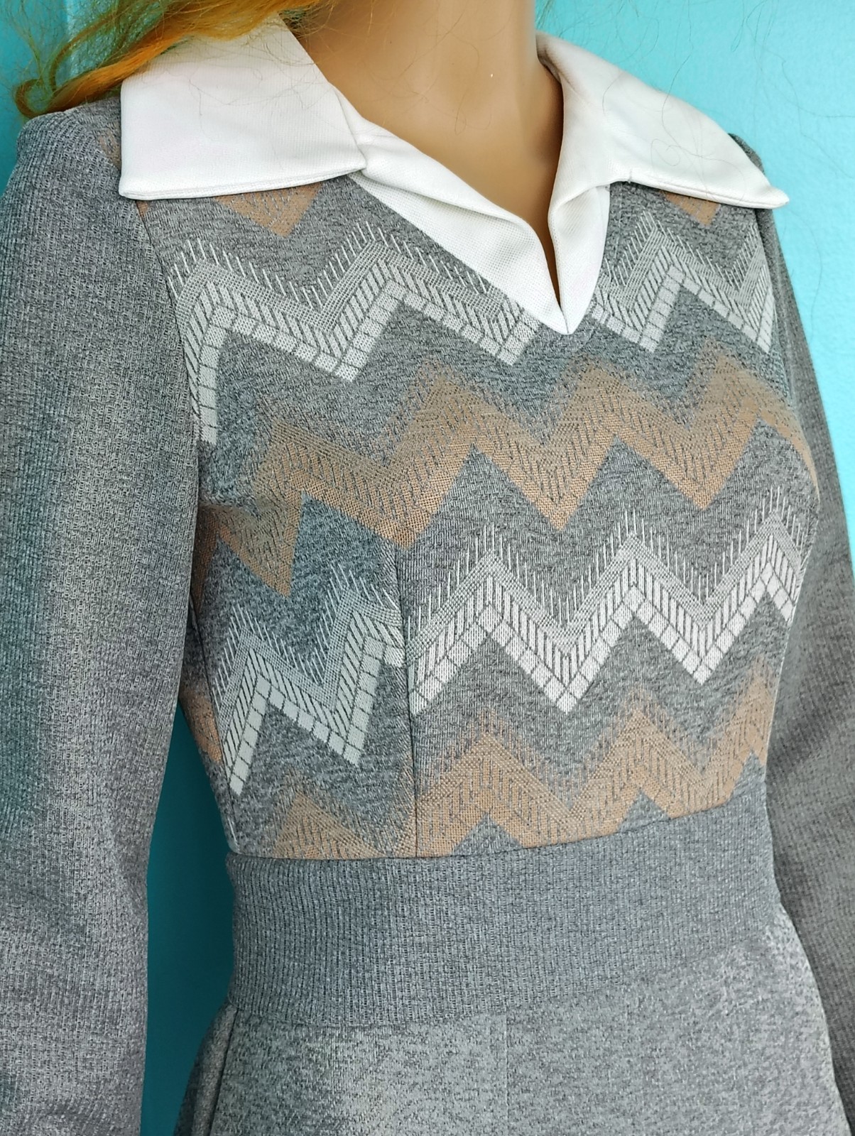 Vintage 70&rsquo;s Chevron Mini Dress Gray Peter Pan Collar Patty O’Neil NWT size: 11