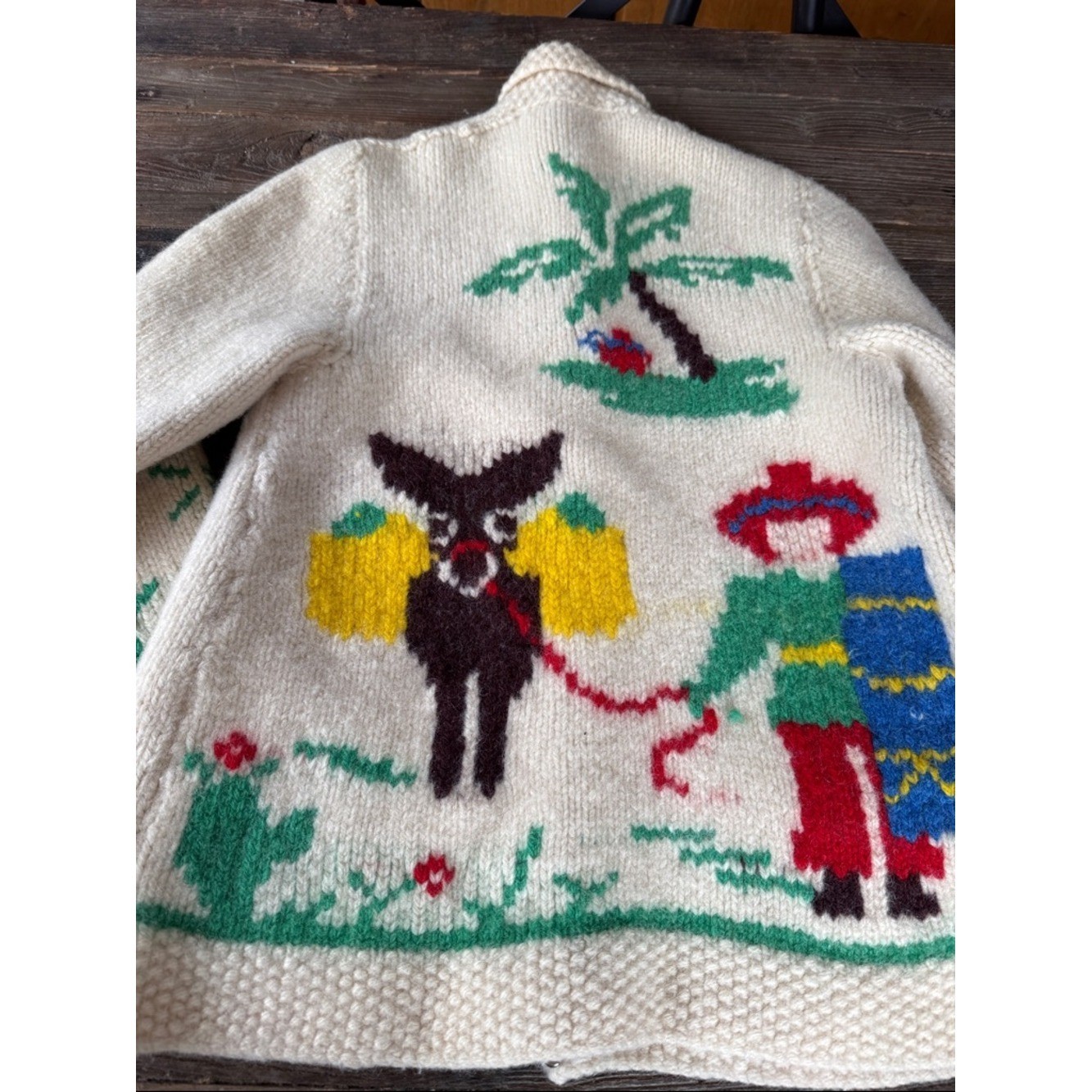 Hand knitted 1950&rsquo;s vintage wool cowichan Mexican cactus burrow metal zip cardi