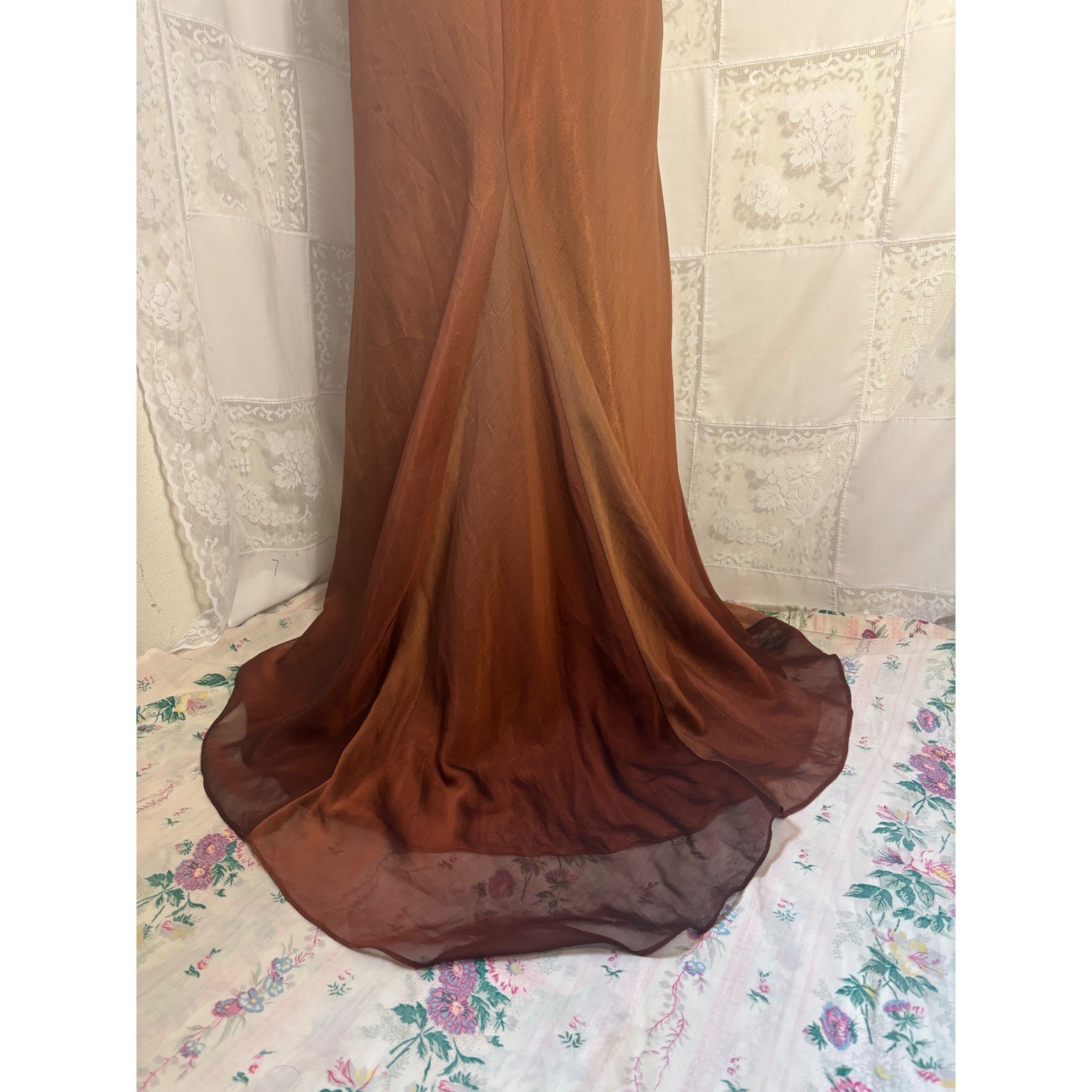 VTG Brown Copper Ombre Plunge Neck Halter Beaded Floor Length Gown Size XS