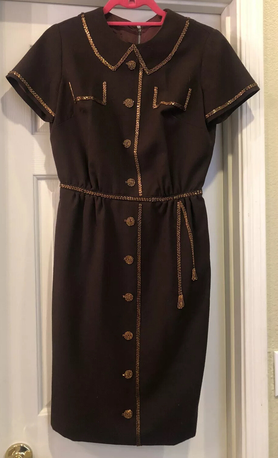 Charming 1940’s Vtg Brown & Copper Beaded Dress w/ Tassels