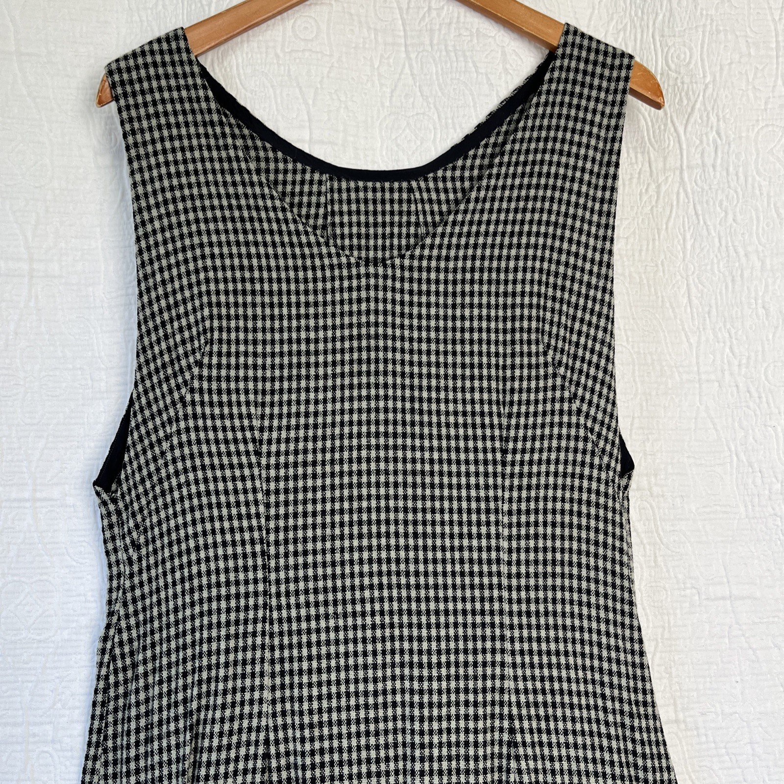 Vintage Wool Gingham Plaid Jumper Dress Pinafore Black Grey Homemade Pullover M