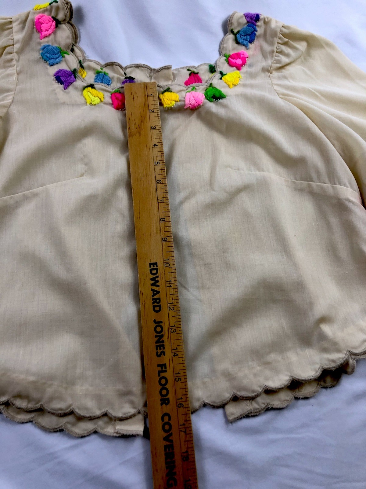 Vintage Handmade 60s Mod Hippie Blouse Embroidered Floral Scallop Trim Top