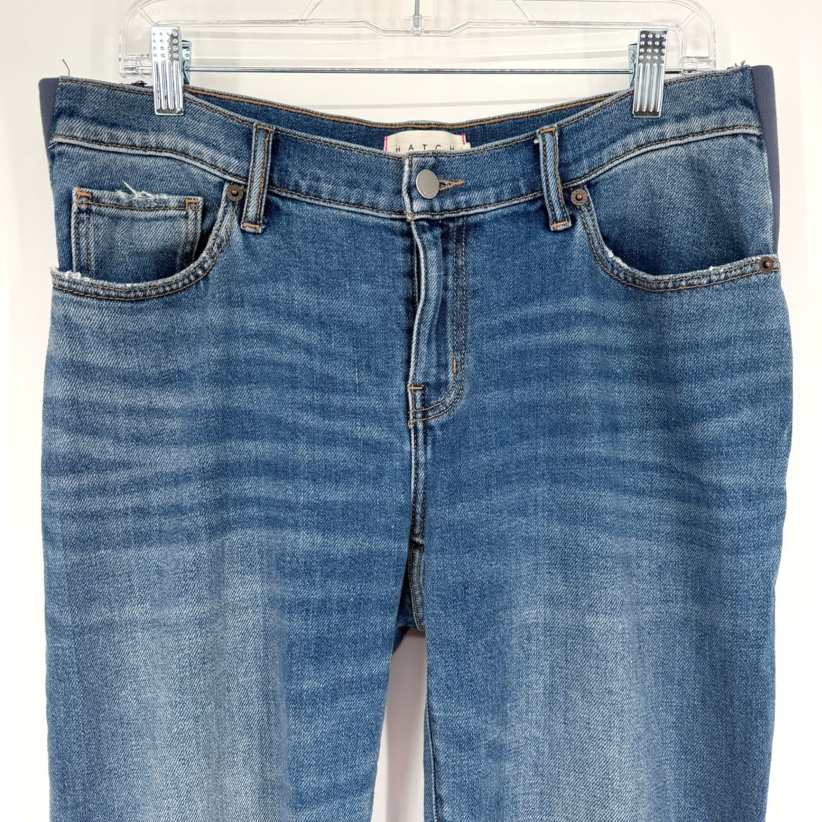 Hatch Maternity Straight Leg Crop Jeans Side Stretch Medium Wash Raw Hem Size 28