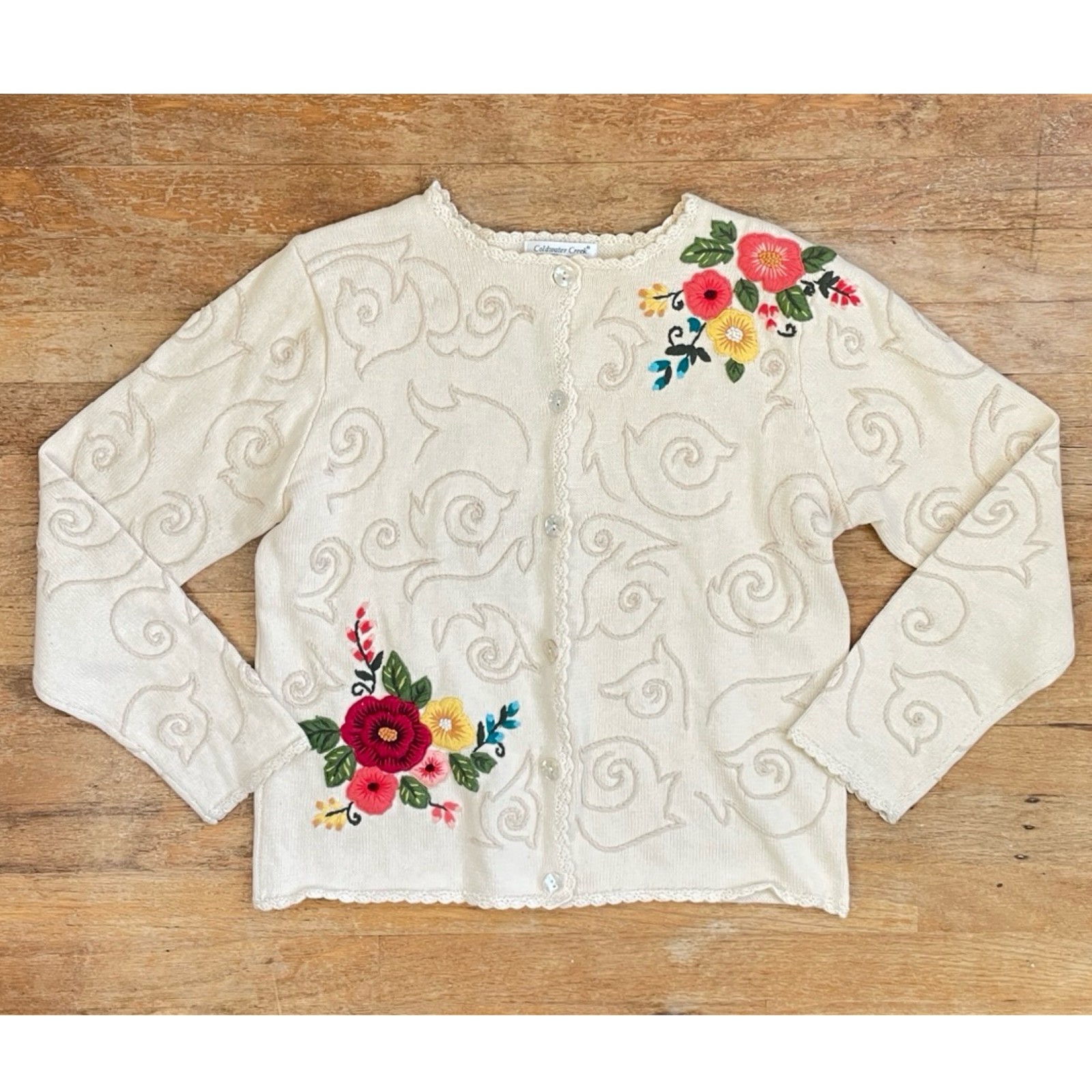 Vintage Floral Embroidered Cardigan Small/Medium 90s Knit Ramie/Cotton Sweater
