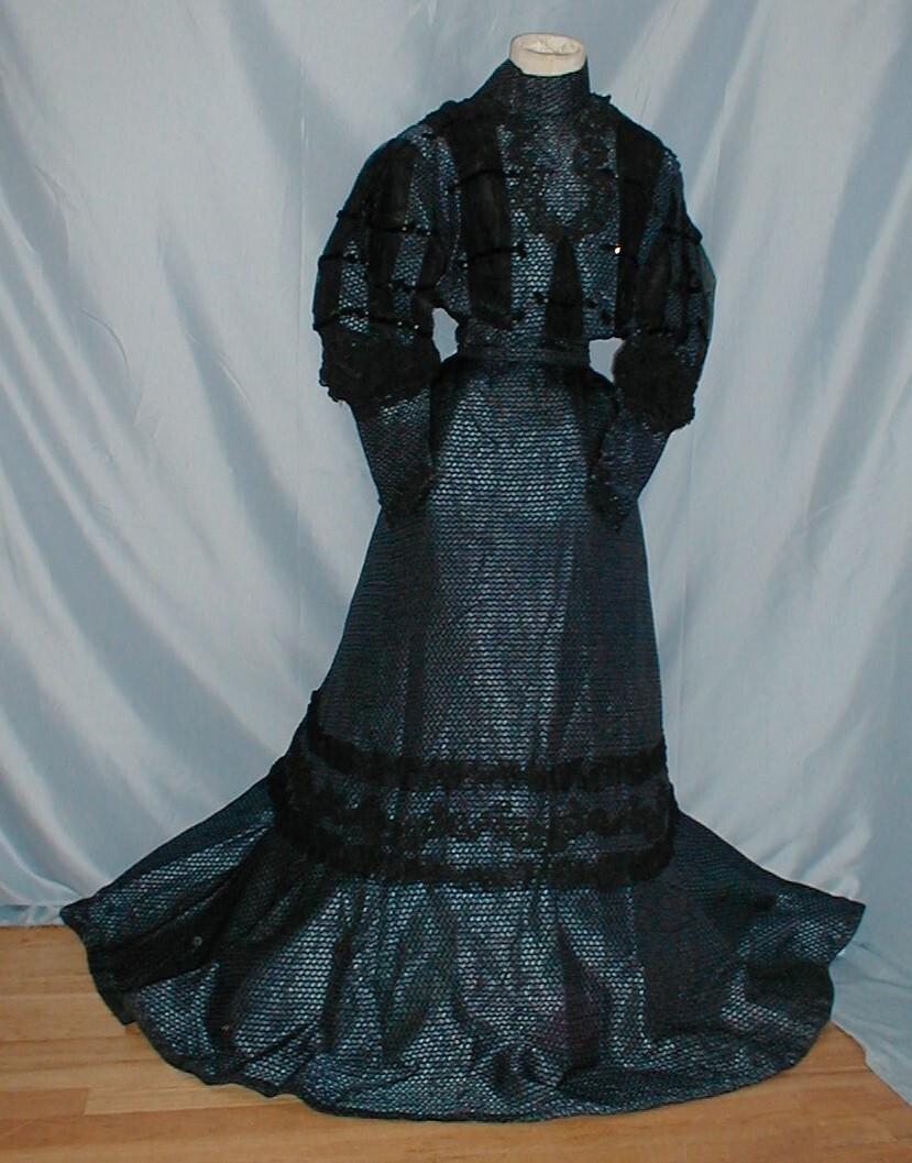 Ornate Antique Dress Victorian 1890&rsquo;s Blue and Black Print Silk Lavish Trims