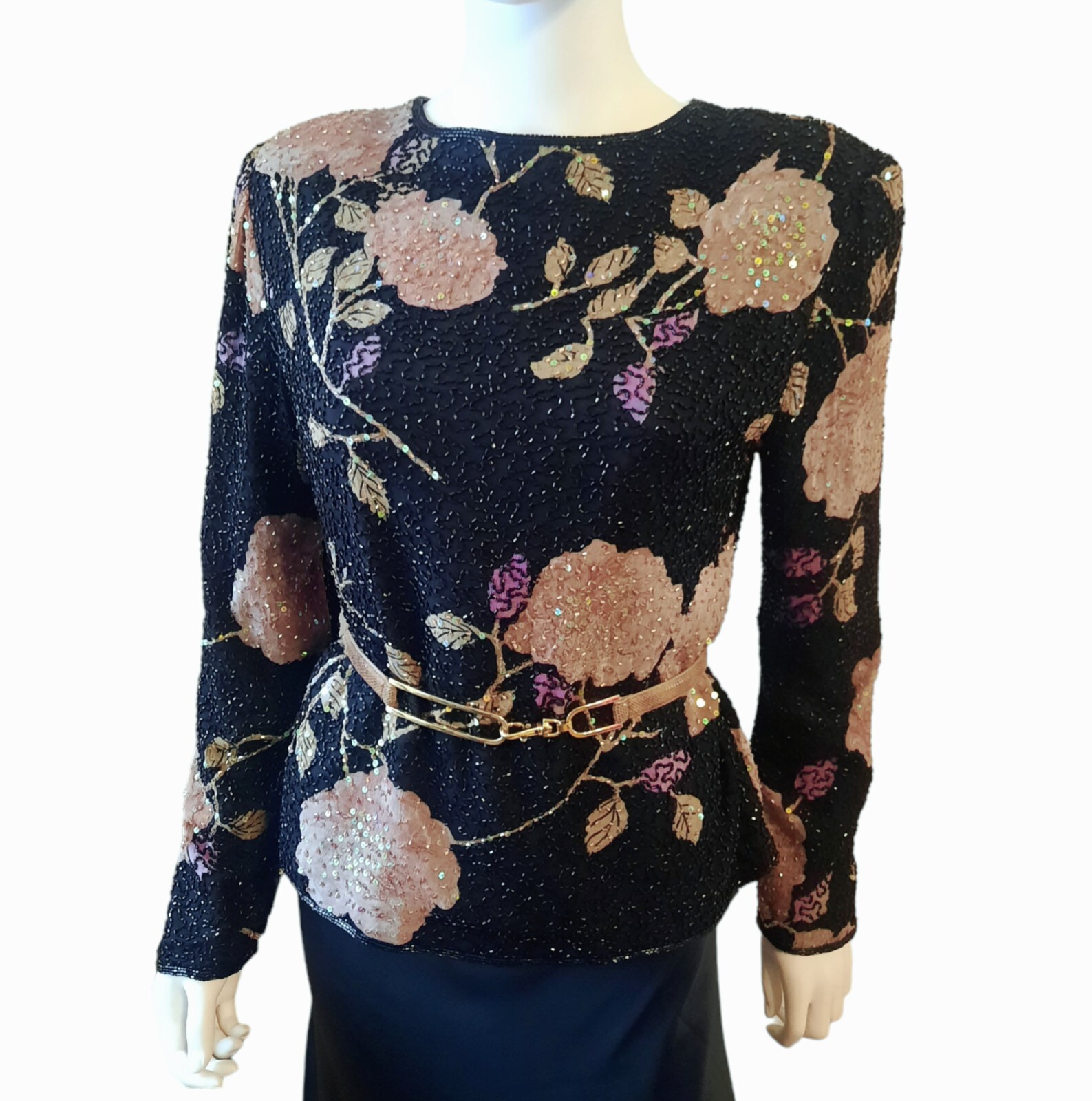 Vtg ANDRETTA DONATELLO Beaded Floral Print Silk Chiffon Jacket Sz M…