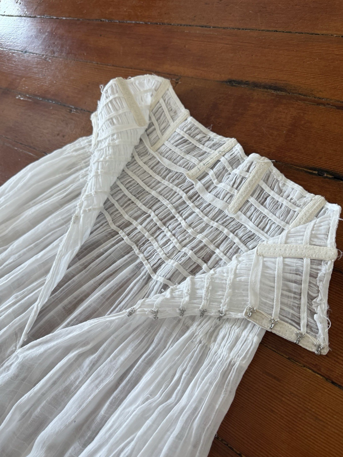 Antique Edwardian Sheer Windowpane Cotton Voile Skirt w Boned/Corseted Waist