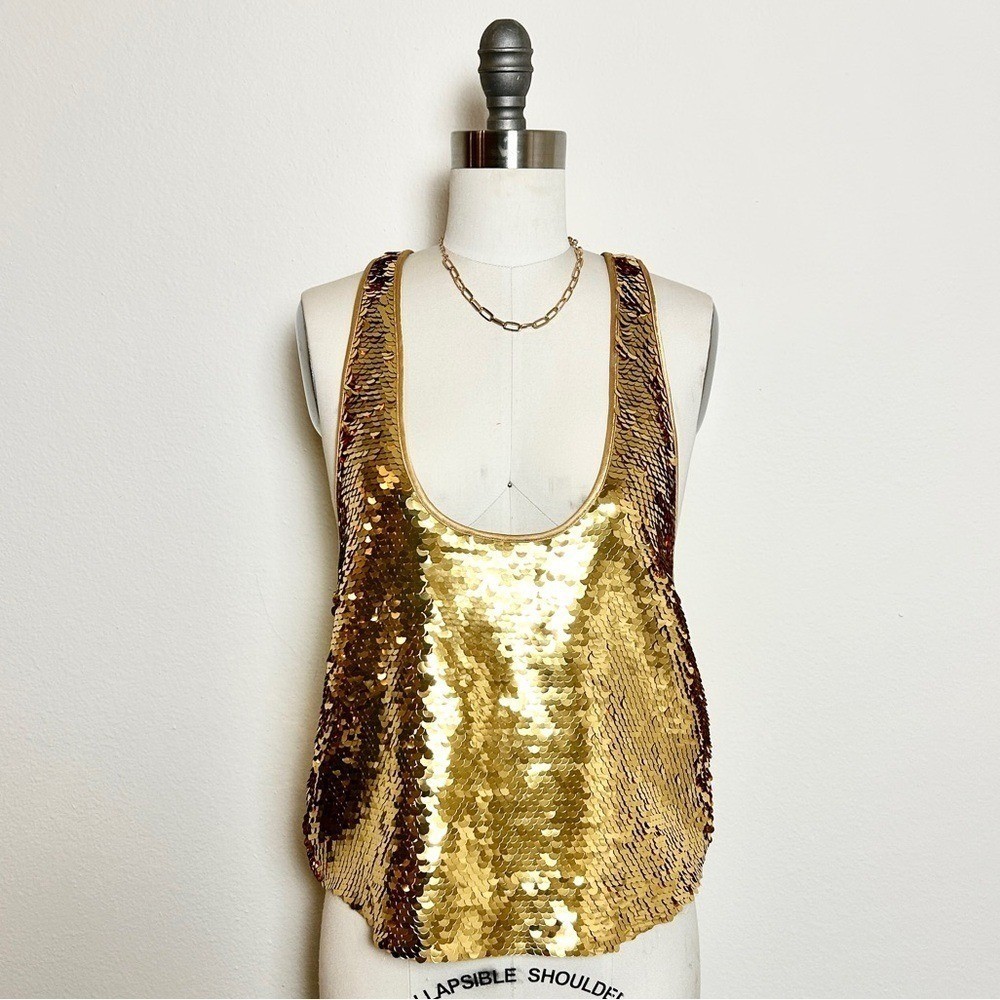 NWT Retrofete Mandy Gold Sequin Racerback Blouse Size XS Designer Luxury