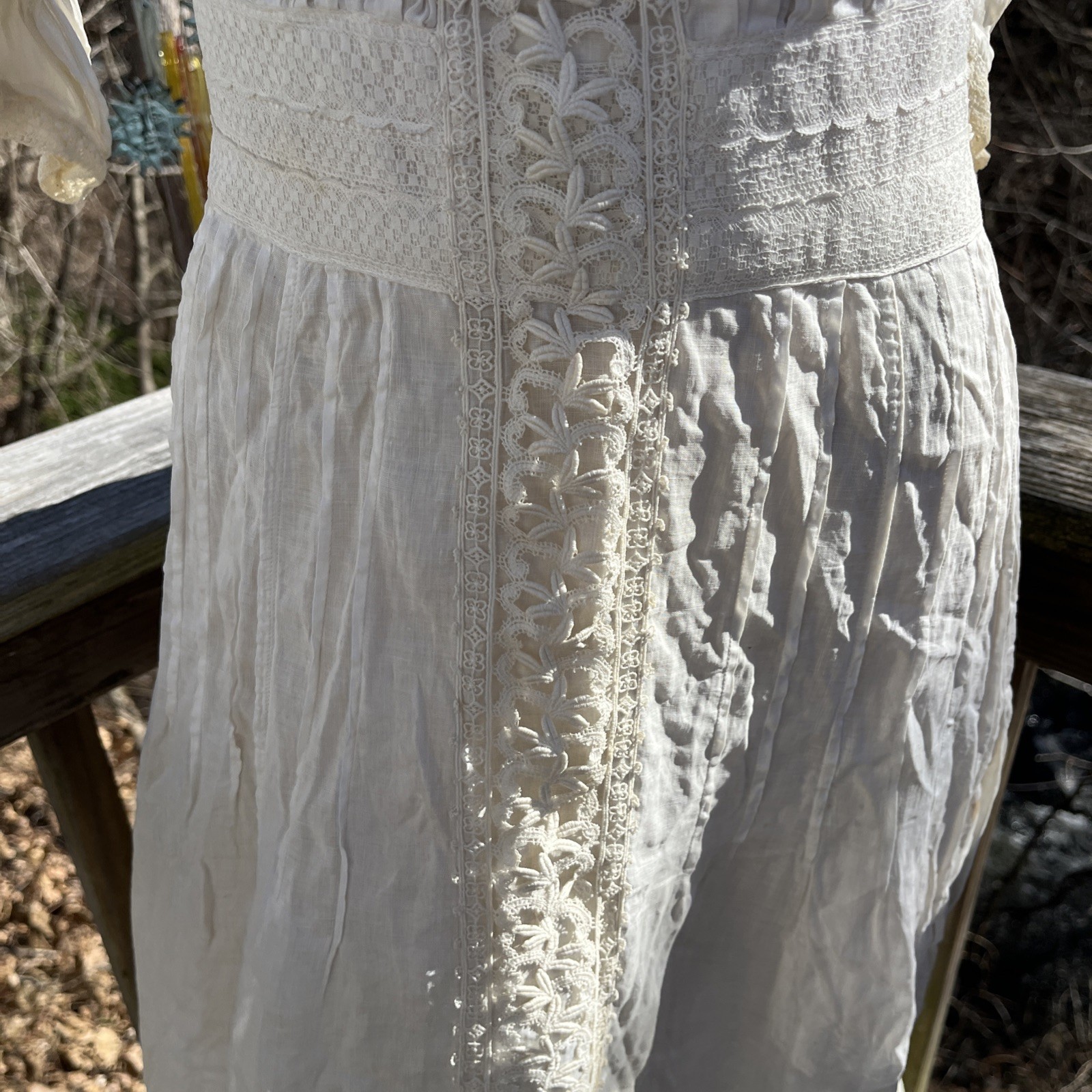 Authentic Edwardian Off White Cotton Lawn Dress c.1900 Lace Pintuck Button Back