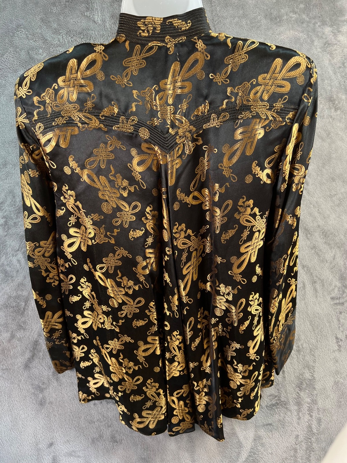 Dynasty Hong Kong Silk Jacket 16 20×28 Black Gold Mandarin Frog Closure Vtg 60s*