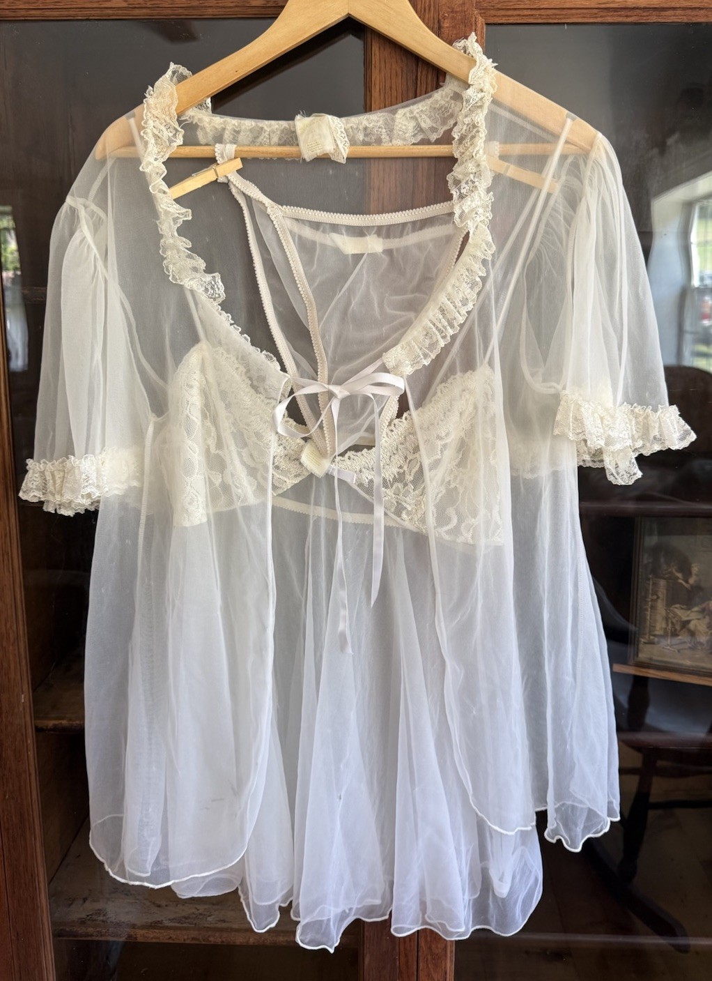 Mayela Vintage Sheer Nylon Babydoll Robe Set Ivory Lace Ruffle Boudoir Lingerie