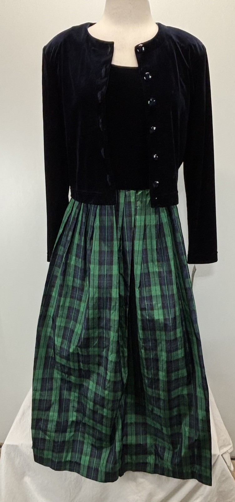 NEW! Vtg Jessica Howard 2 Pc Midi Dress Women’s 12 Navy Velvet Taffeta Plaid 90s