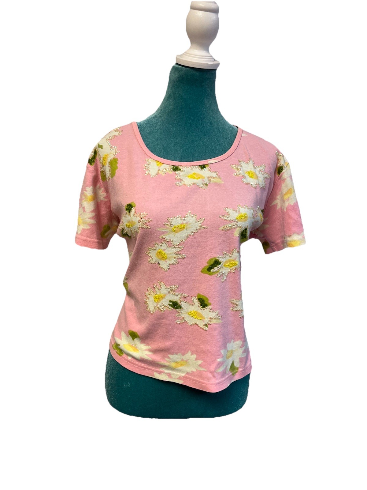 Nostalgia Womens XL Pink Floral Beaded Sequin Top 100% Cotton India Cottagecore
