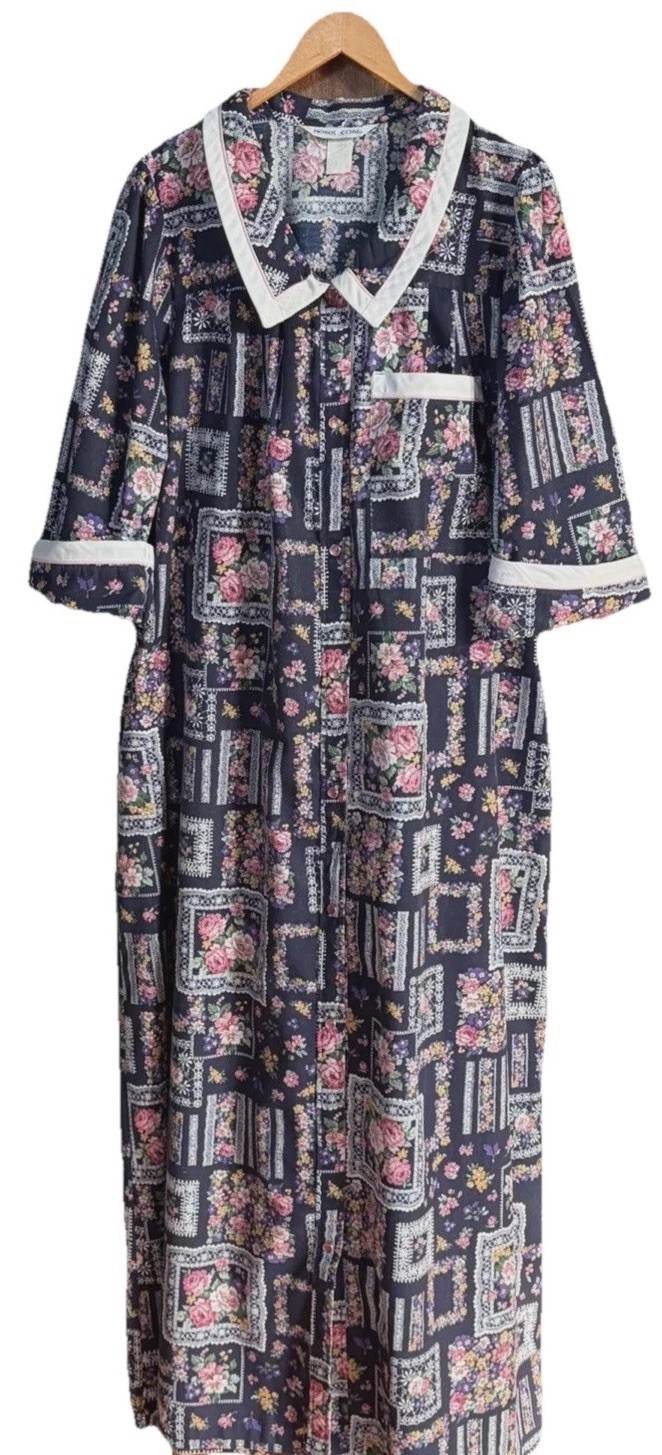 VTG Models Coat House Dress Patchwork Floral Blue Pink Snap Buttons Pockets