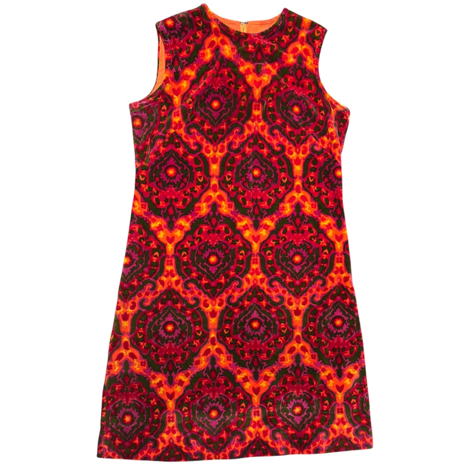 Vintage 60s Psychedelic MOD Sleeveless Dress Velour Zip Up Back Tapestry XL 14